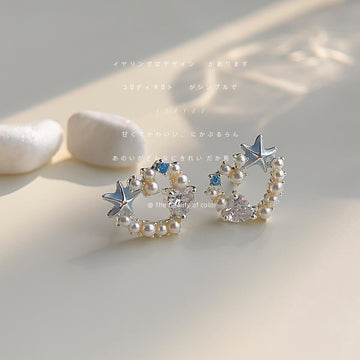 Silver Pearl Heart Blue Star Open Circle Stud Earrings
