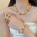 Gold Irregular Metal Bead White Pearl Necklace Bracelet Earrings view 2