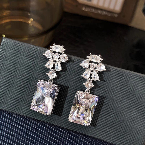 Clear Crystal Flower Rectangular Drop Earrings Polished Jewelry Accessory - angled detail view