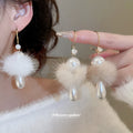White Pom Pom and Faux Pearl Gold Tone Hook Earrings view 2