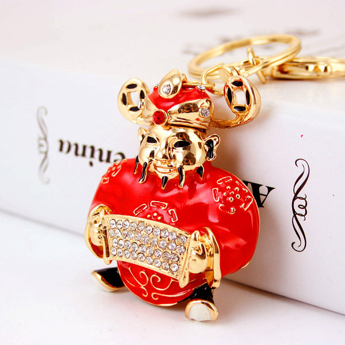 Chinese God of Wealth Rhinestone Zinc Alloy Keychain for Car Keys