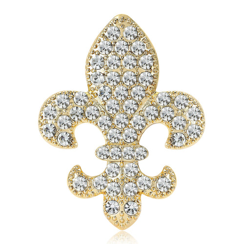 Close-up product view showing the colors and surface details of the crystal fleur de lis brooch