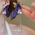 Purple Butterfly Pearl Chain Tassel Earrings Statement Jewelry view 3