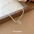 Cream Seed Bead Necklace Silver Open Flower Crystal Pendant view 2