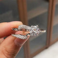 Round Crystal Interlocking Three Band Ring Set in Silver Tone view 3