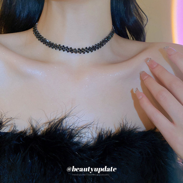 Rhinestone Zigzag Bracelet And Choker Necklaces Silver Black