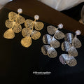 Filigree Fan Leaf Drop Stud Earrings in Gold and Silver Tones view 4