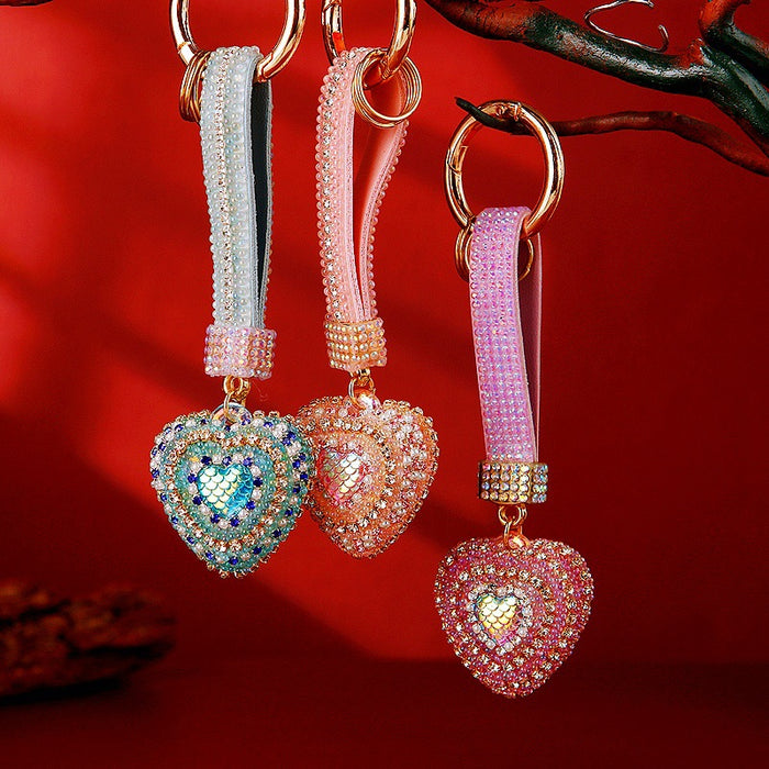Layered Crystal Heart Keychains with Jeweled Straps and Plain Options