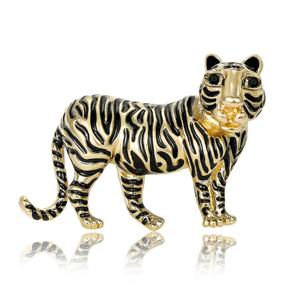 Front view of the striped tiger brooch showing a striped walking tiger with crystal accents