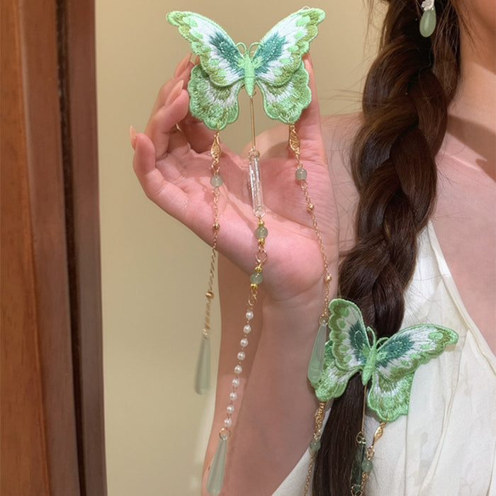 Green Embroidered Butterfly Tassel Duckbill Hair Clip