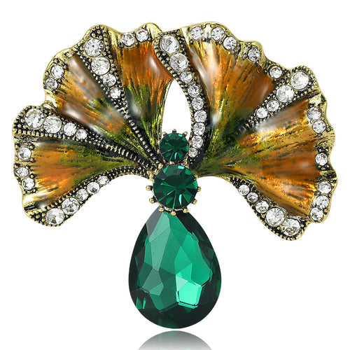 Green glass drop ginkgo leaf brooch front view