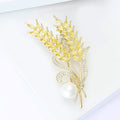 Gold Yellow Crystal Wheat Ears Brooch Pearl Accent view 3
