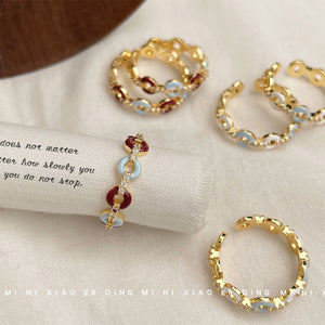 Adjustable Brass Gold-Tone Open Ring, Blue-White or Red-Blue Links