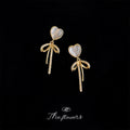 Heart Cat Eye Glass Studs Gold Zircon Bow Drop Earrings view 3
