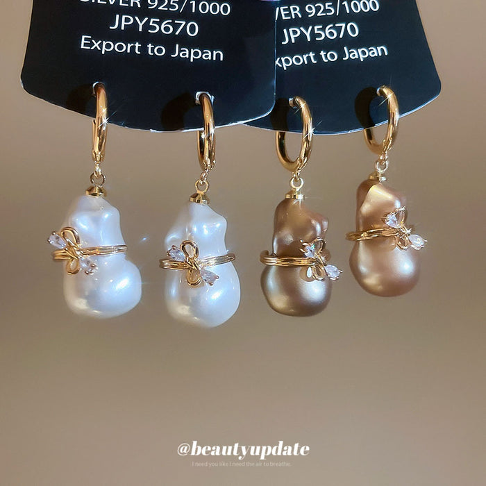 Gold Tone Gourd Pearl Bow Hoop Earrings in Two Colors