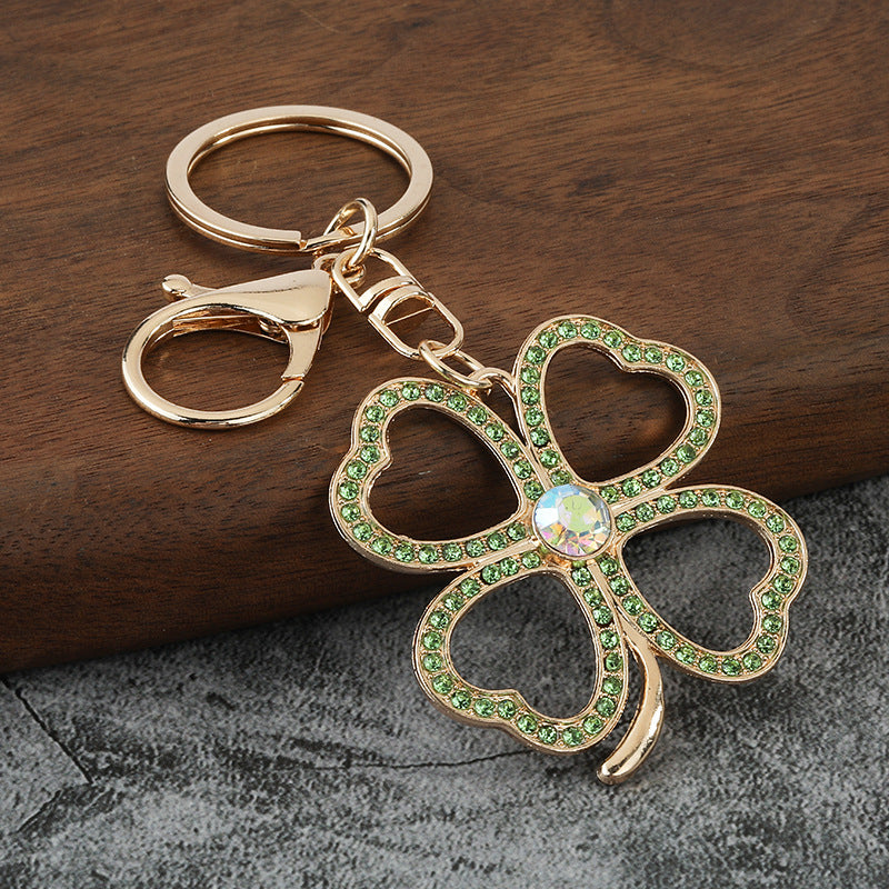 Rhinestone Four-Leaf Clover Zinc Alloy Keychain Bag Charm