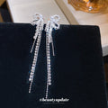 Silver Tone Bow And Chain Fringe Drop Earrings Fashion Jewelry view 2