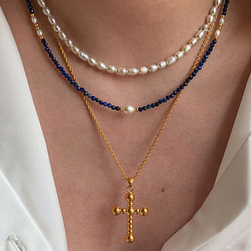 Blue Faceted Bead Pearl Gold Spacer Necklace Two Styles