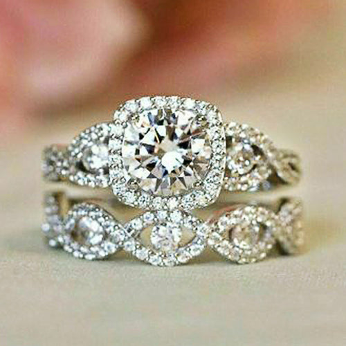 Three Piece Round Stone Infinity Ring Set Metal Jewelry Design shown from an alternate angle