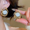 Round Enamel Statement Stud Earrings With Wavy Gold Tone Frames view 4