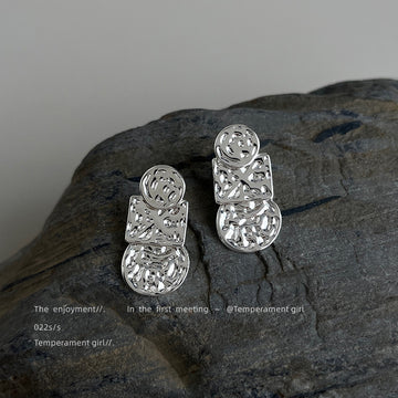 Silver Molten Circle Square Stack Drop Stud Earrings Pair Style