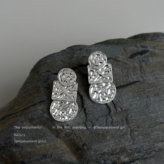 Silver Molten Circle Square Stack Drop Stud Earrings Pair Style
