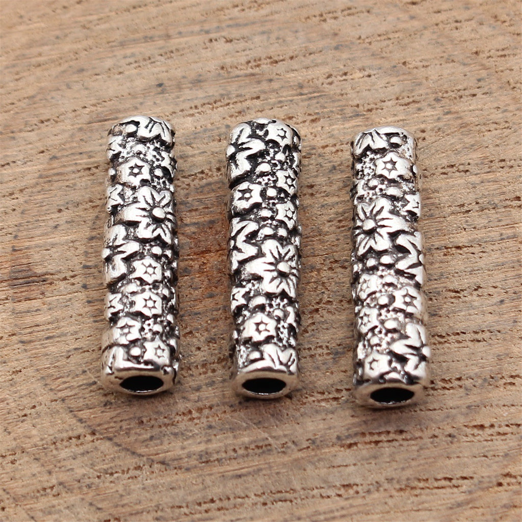 20x5.4x5.4mm 1.6g Antique Silver Zinc Alloy Flower Pattern Cylinder Tube Beads for Bracelet Necklace DIY