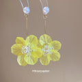 Yellow Fabric Flower Drop Earrings with Pearl Studs view 4