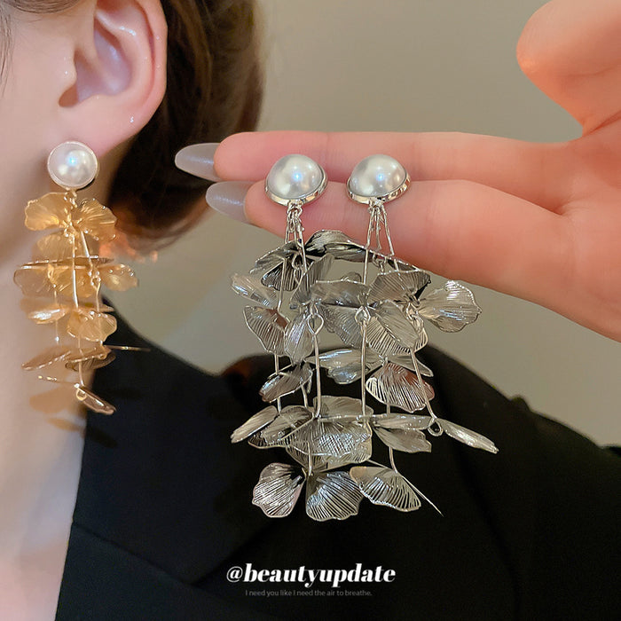 Metal Petal Long Drop Stud Earrings In Gold And Silver