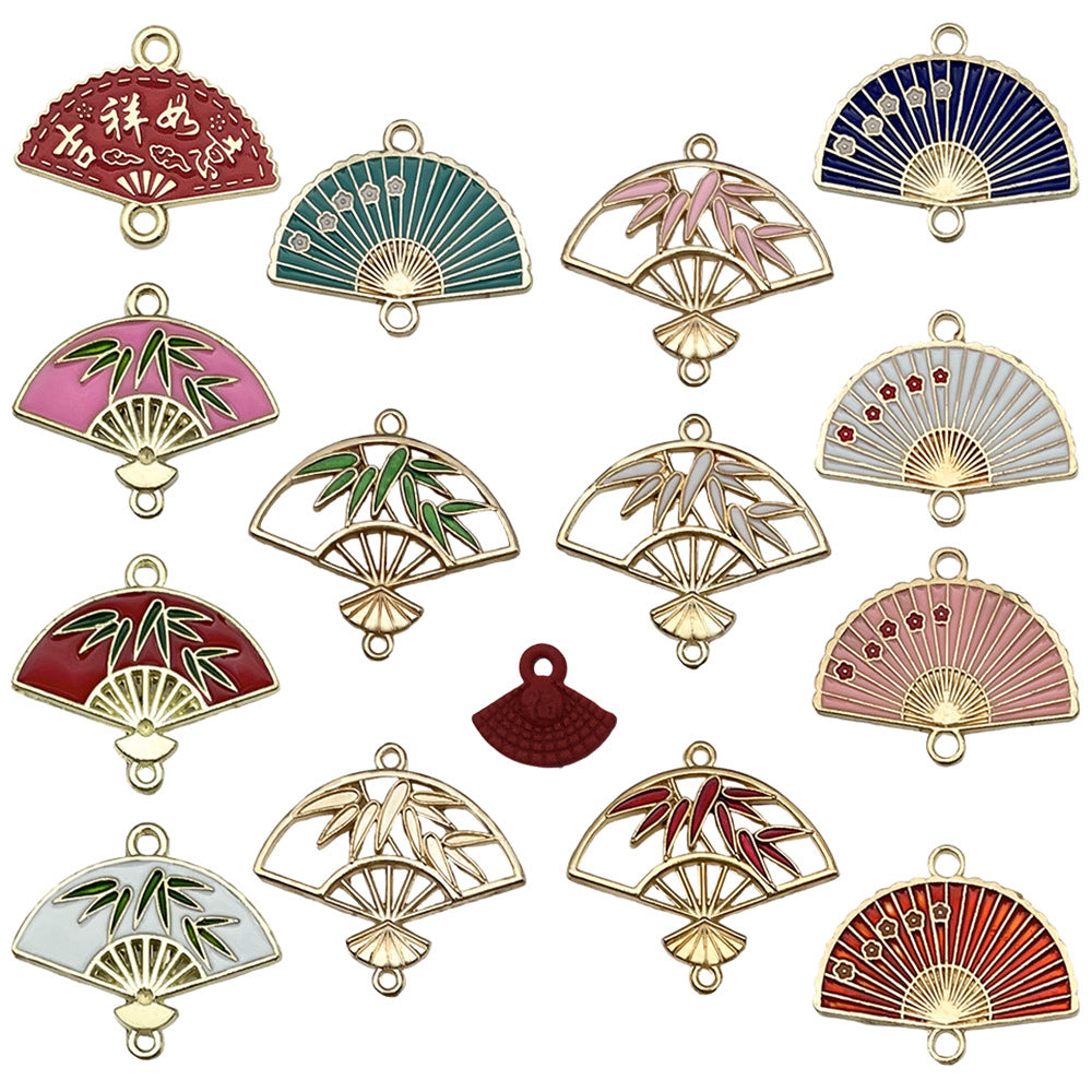 Enamel Zinc Alloy Fan Bamboo Leaf Tassel Charm Pendant for DIY Handmade Jewelry