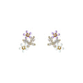 Gold Tone Purple Bud White Pearl Butterfly Branch Stud Earrings view 5