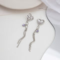Silver Hammered Heart Drop Earrings Purple Crystal Chains view 4