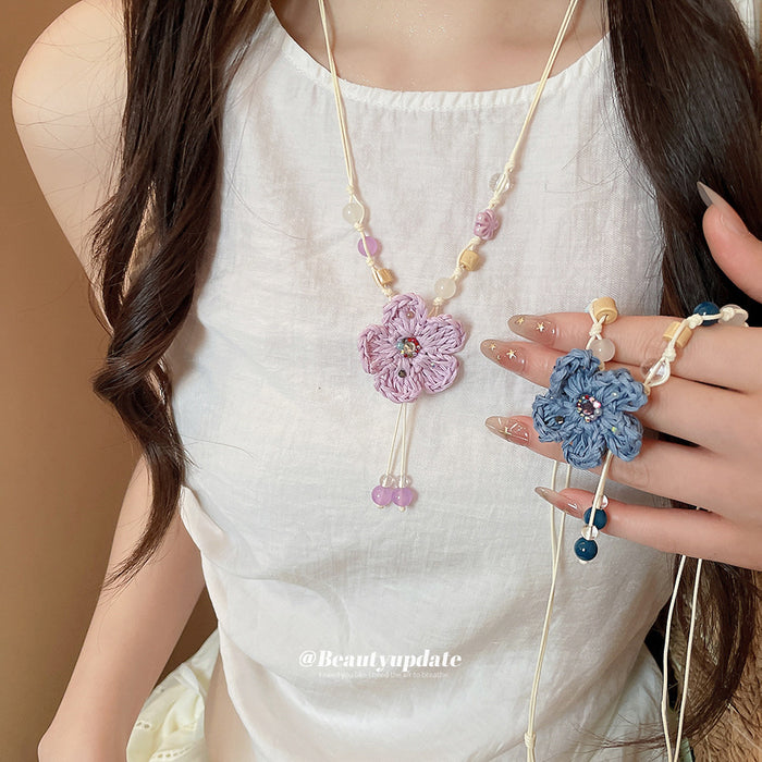 Crochet Flower Pendant Necklaces With Beads With Decorative Accents