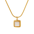 Gold Steel Square White Shell Pendant Snake Chain Necklace view 5