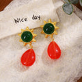 Gold Sun Flower Drop Earrings Red Teardrop Blue Green view 3