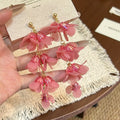 Pink and Blue Tiered Petal Cascade Long Dangle Stud Earrings view 3