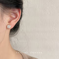 White Camellia Flower Stud Earrings Gold Rim Clear Center view 2