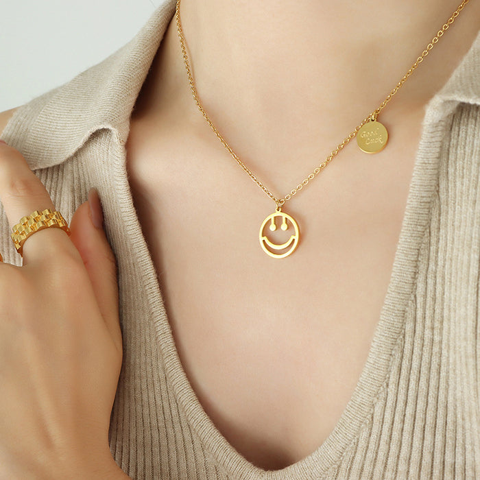 Smiley Face Good Luck Disc Pendant Necklace Three Tones