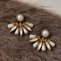 Antique Gold Tone Fan and Faux Pearl Stud Earrings view 3