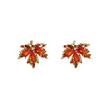 Gold Tone Red Orange Faceted Stone Maple Leaf Stud Earrings view 5