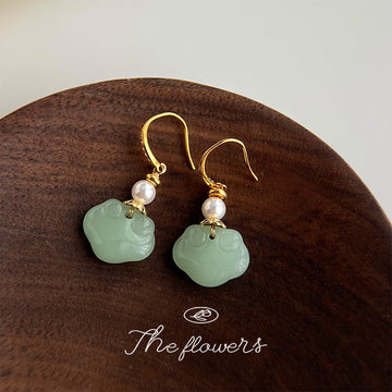 Green Carved Longevity Lock Drop Earrings Gold Pearl