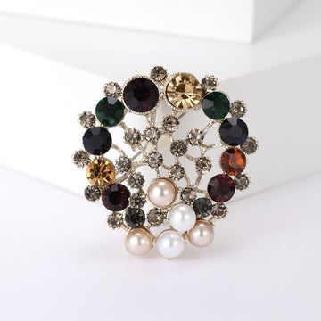 Round Multicolor Rhinestone and Faux Pearl Brooch Decorative Lapel Pin