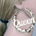 Queen Script Bamboo Hoop Earrings In Two Metal Tones view 5