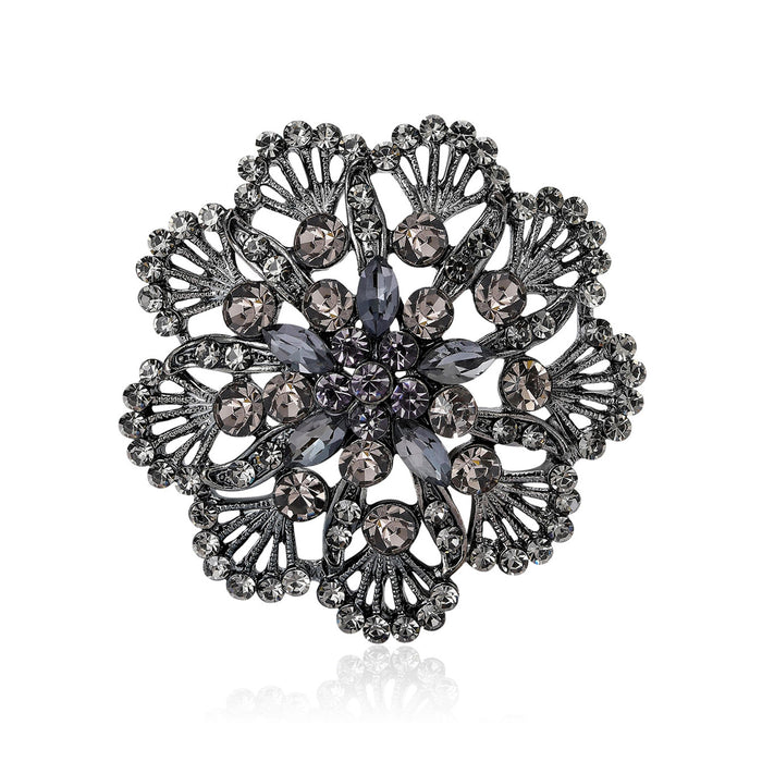 Black Openwork Rhinestone Flower Brooch Decorative Lapel Pin
