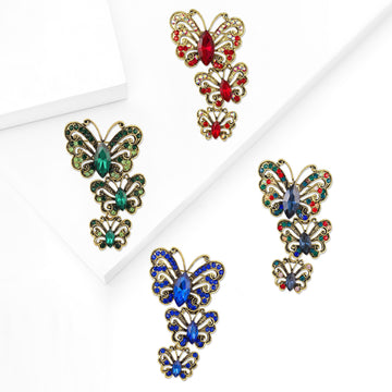 Rhinestone Triple Cascading Butterfly Brooch Antique Gold