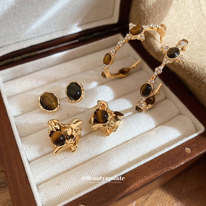 Gold Tone Ripple Earrings With Brown Stone Accents In Two Styles