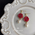 Red Rose Enamel Drop Earrings With White Pearl Dangle view 3