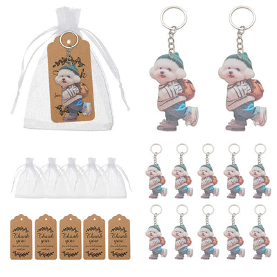 Puppy acrylic keychains with organza bags and kraft thank-you tags