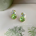 Gold Tone Aqua Flower Green Round Stone Drop Stud Earrings view 3