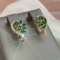 Gold Tone Green Leaf Ear Climbers with Pink Crystal Drops view 1